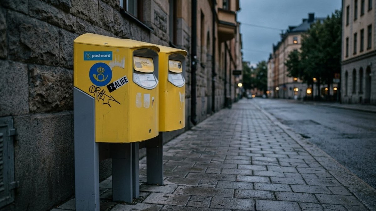 Gula PostNord-brevlådor på en tom gata i Stockholm i skymning