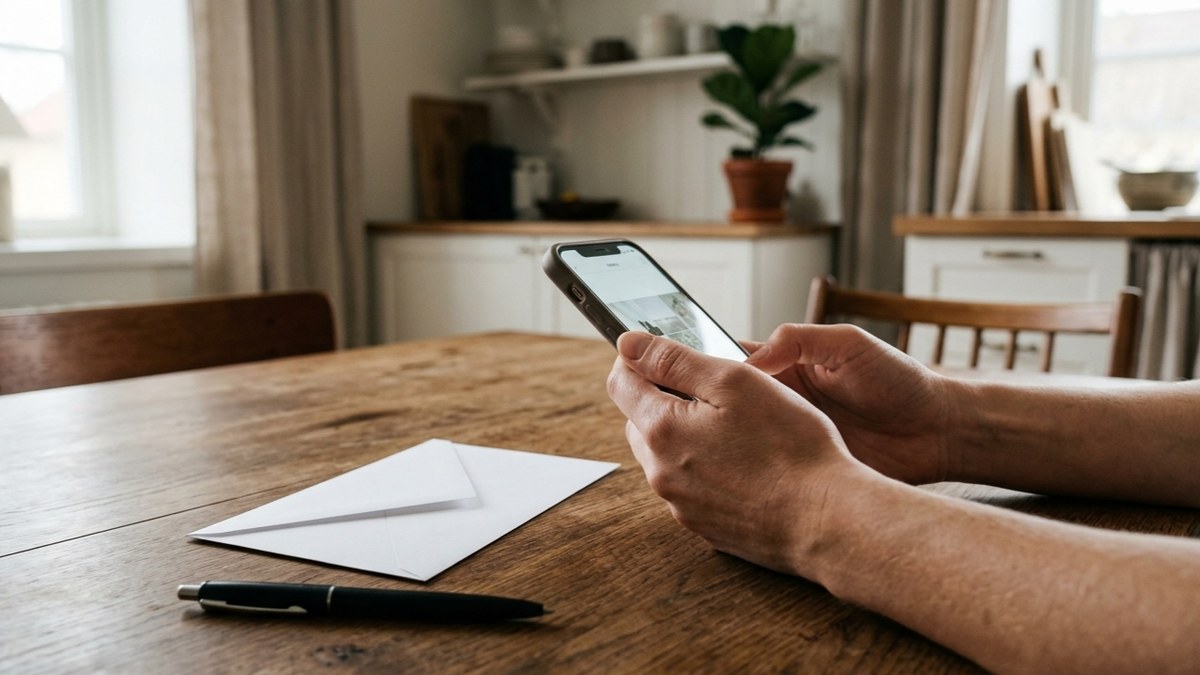 Person som skickar ett brev från mobilen vid ett köksbord med kuvert och penna